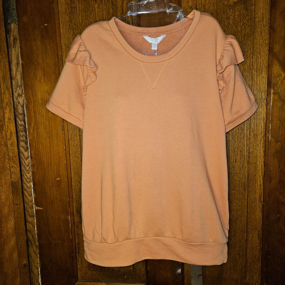 Lauren Conrad Sweatshirt Women Large Peach Ruffle Short Sleeve French Terry New